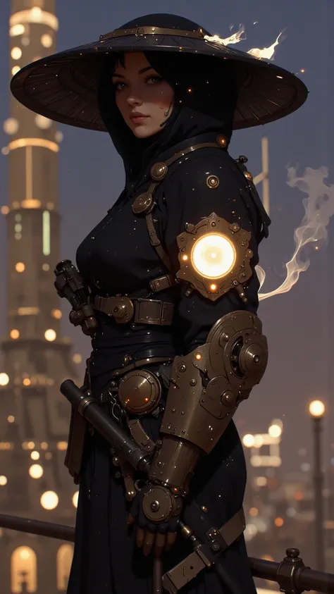 A lone female ninja stands at the edge of a soaring mechanical ship under a twilight sky, her black Japanese straw hat partially shadowing her serene yet determined expression. Her right arm is an intricate steampunk mechanical masterpiece, complete with b...