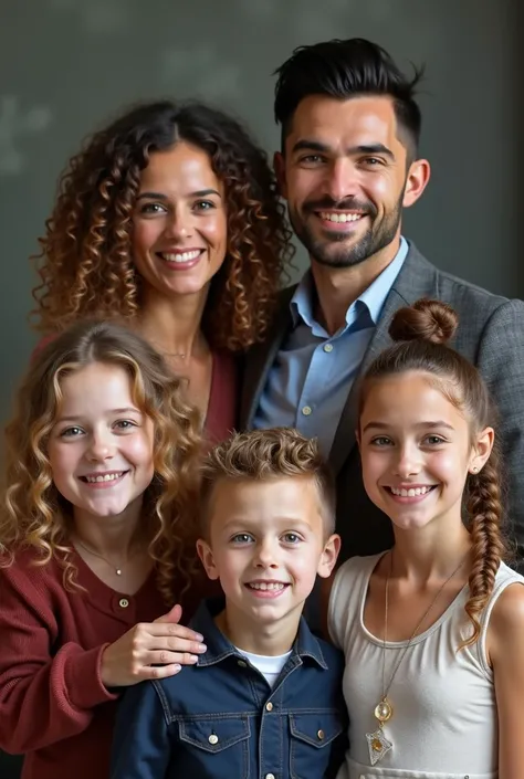 Create a family photo of 1 man,1 woman , 1 young woman, 1 blonde teenager and 1  