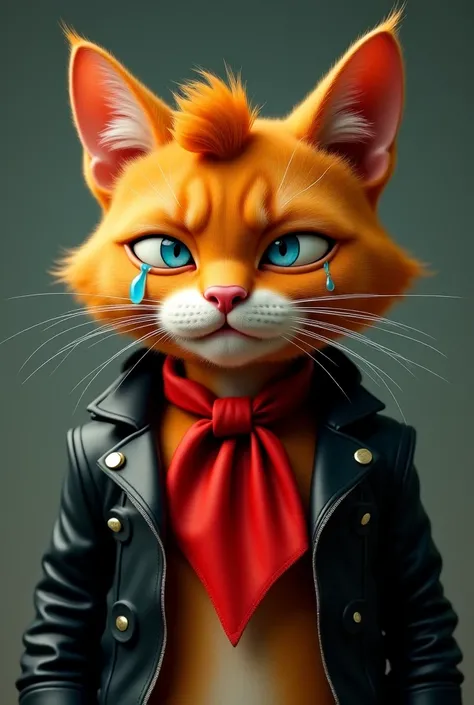  orange cat, estilo rockabilly, with black jacket and red canvas around the neck, crying a lot