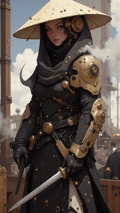 A skilled female ninja stands on the deck of a flying mechanical ship, her black Japanese straw hat casting a shadow over her calm, focused expression. Her right arm is a slender steampunk mechanical creation, adorned with intricate brass gears, pipes, and...