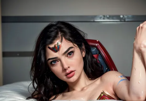 (best quality, masterpiece:1.2) 1girl woman in her 40 years, (realistic:1.5), wonder woman as gal gadot, long wet black hair, blue eyes, (uneasy scared expression:1.5), (red parted lips:1.5), frown