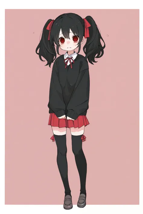  one woman、 full body standing picture 、Hair color is black、 shoulder length twin tails、 high school girl、 wearing a black sweater over a white shirt、The skirt is black、The uniform ribbon is red、Droopy eyes、Worried brow、Timid、unconfident personality、Modest...