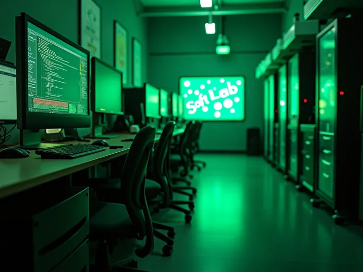 computer lab, Picture of green colors, no hya nadie, You can see cables and technological places with vinoados with a chemical laboratory, There are holograms and the background screen that says "Soft Lab "