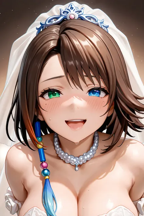 NSFW, Masterpiece, top quality, Hi-Res, very detailed,Yuna\(Final Fantasy X\), blue eyes、 brown hair at the gym、 green eyes、 hair ornament、 rainbow heterochromia、 short hair、 Wedding Dress ,NTR,Cuckold face, cheating 