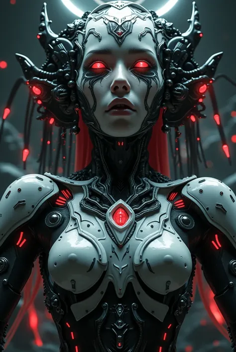 black, a close up of a female deity with a black and white biomechanical body, black and white void space, mix of magic and science, magic, science, black and red biomechanical details, silver tracing around some armor pieces, great character design, white...