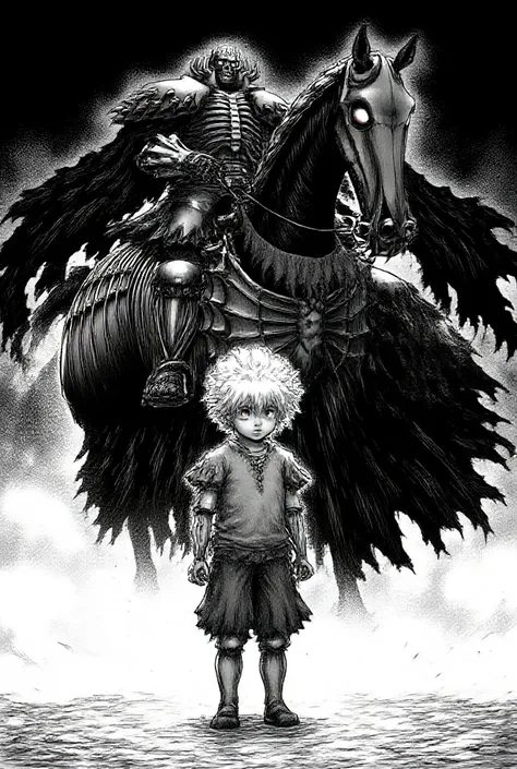  put a white-haired boy , standing on a light ,  in front of him there is a knight in skeleton armor riding a dark and skeleton-like horse,  all in black and white manga style 