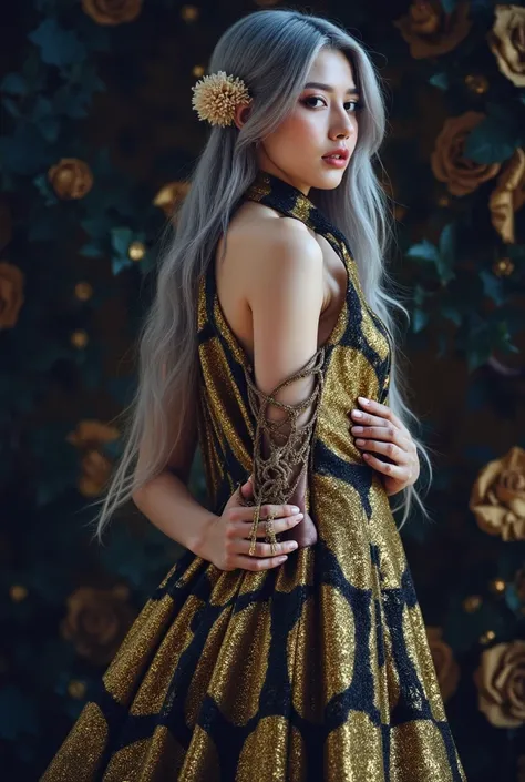 Girl with gray hair , with a flower in her hair and a gold dress ,  is standing with your back,  long silver hair with a flower , Flowers and gold, baroque hibiscus queen , high fashion photo shoot,  Art fashion photography ,  wrapped in velvet and colors,...