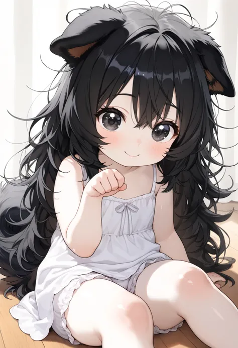 human hybrid dog girl, toddler, (black hair, long hair, messy hair, Pomeranian dog ears, ears down, ears flop, black Eyes, shiny eyes, long Beautiful eyelashes, light pale skin, white dress nightgown dress), colorful, HD, very aesthetic, best quality , mas...