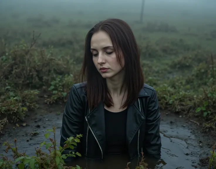 from afar view, A pale skin texture, fragile thin mid-aged diva, dressed in fitted leather biker jacket and tight t-shirt. natural skin texture. Her melancholic expression betrays quiet surrender as she sinks into a dark, churning bog pit, its thick sludge...