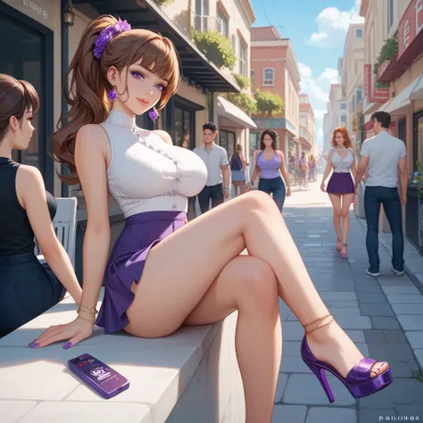 Virgo, 20 years,  purple eyes,  long brown hair ,  big breasts,  big booty, thick beautiful legs ,  white sleeveless shirt, short purple skirt,  Beautiful, Darling,  hair gathered in a ponytail, ankle bracelet, bare feet, purple manicure, purple pedicure, ...