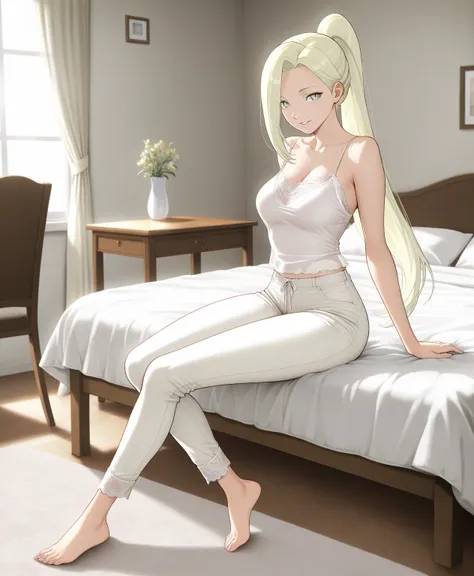 Masterpiece, elegant mature woman, ino yamanaka, long hair, high ponytail long hair, light yellow color hair, light green eye color, tall body, white camisole (pink lace), white short pants, medium breast, bare foot, full body, parted lips, smile, sit on t...