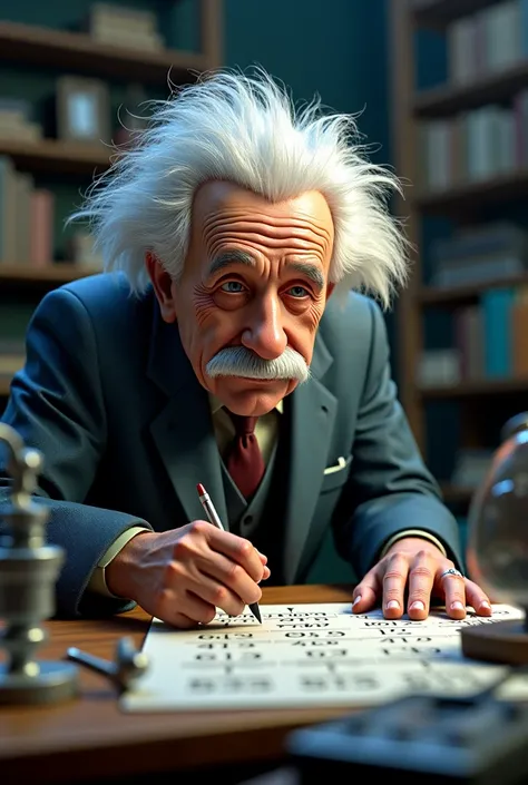 3D image of Albert Eisten analyzing a calculation 