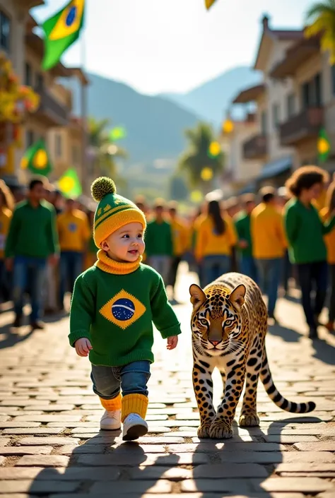 " A cute baby wearing a green and yellow wool sweater and hat with the Brazilian flag printed,  walking alongside a friendly jaguar on a paved street . In the background,  there is a crowd dressed in green and yellow clothes , holding flags of Brazil ,  wi...