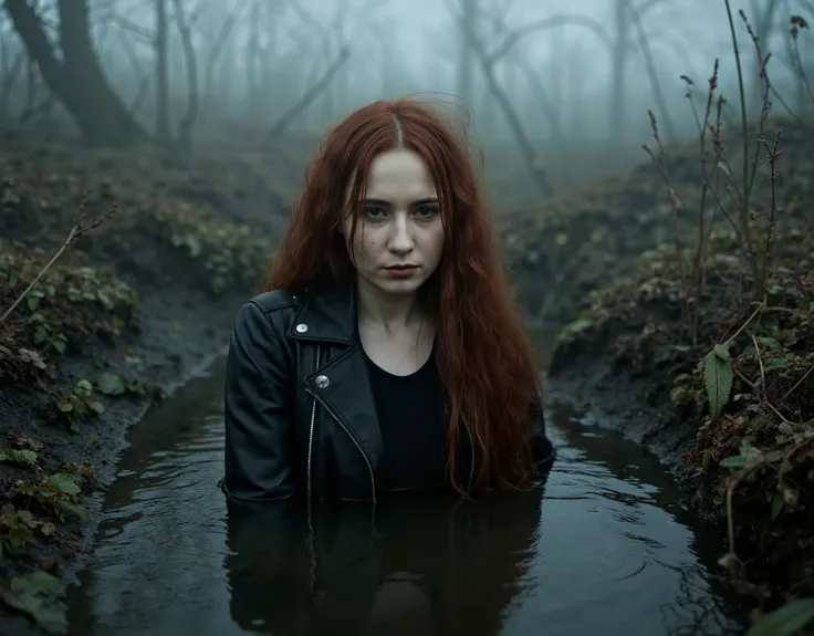 from afar view, A pale skin texture, fragile thin mid-aged diva, dressed in fitted leather biker jacket and tight t-shirt. natural skin texture. Her melancholic expression betrays quiet surrender as she sinks into a dark, churning bog pit, its thick sludge...