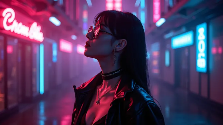 "Immersed in a cyberpunk-inspired, neon-drenched world, captivated by the surreal sight , filled with mesmerizing digital artistry."Dark  Chronicles
downtempo, rap, metal, industrial, dubstep, darkwave, light A fearless aexy beautiful and elegant woman sta...