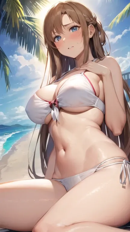 Asuna , long hair,  Brown hair , braid,  brown eyes, (This is 、  is a close-up of a young animated girl wearing a bikini on the beach:1.4),(alone:1.4),( 1 Best Girl :1.4),( 長 Brown hair  :1.3), (  White Bikini Top :1.3),(  White Bikini Under a Palm Tree   ...