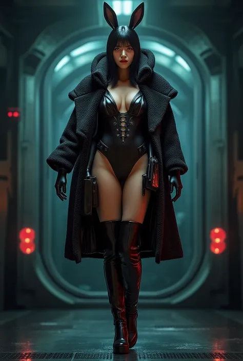 ((( dark interior of Nostromo  :2.0))),((( HR Gigger Style Cyberpunk Atmosphere :2.0))),((( with cyberpunk Japanese sword :2.0))),  is standing,((whole body:2.0)),  one woman,(  cute face),( beautiful balanced face  ),((  Natural Big Breasts :2.0)),(  blac...