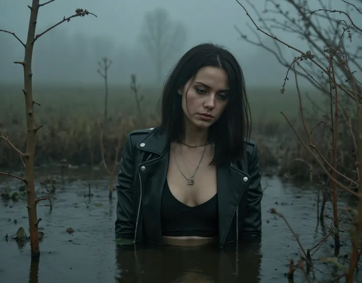 from afar view, A pale skin texture, fragile thin mid-aged diva, dressed in fitted leather biker jacket and tight t-shirt. natural skin texture. Her melancholic expression betrays quiet surrender as she sinks into a dark, churning bog pit, its thick sludge...