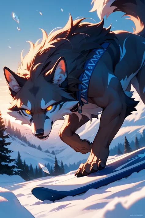 "A fierce and stylish chibi-style anthropomorphic snowboarding creature, resembling a wolf or fox, with thick, soft fur and a sleek, powerful stance. The character has short but strong limbs, sharp glowing eyes, and oversized pointed ears. Their massive fl...