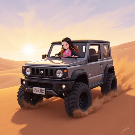  finished in 3DCG style 。 SUZUKI Jimny Sierra running through the sand dunes where the sun rises、 and the suspension is raised and lifted、The car body is medium gray 、 4 large straight exhaust pipes on the 「The JTX 」 is written in bold letters、 Kamado Nezu...