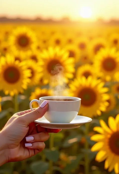 Drinking coffee with perfect manicure among sunflowers 