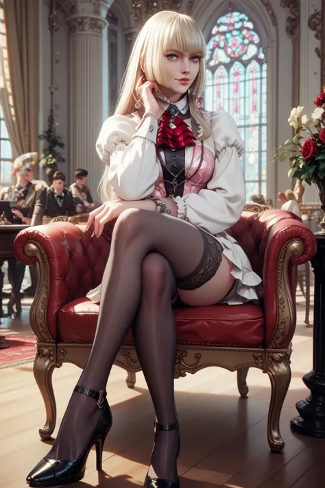 Emilie de Rochefort , sitting in a limousine, crossed legs, visible thig, in black stockings