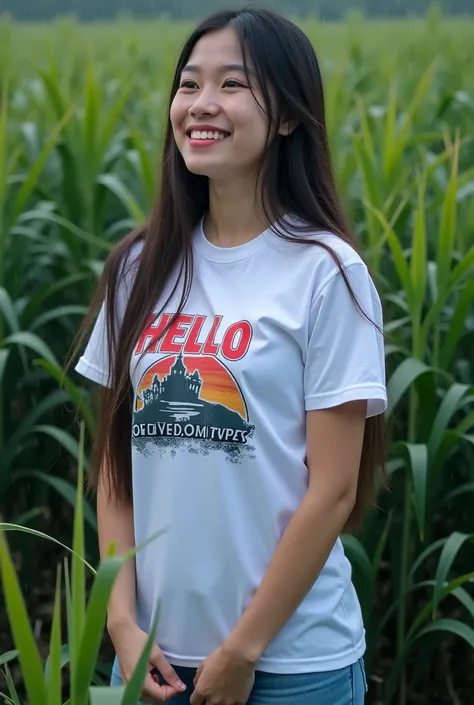 Asian girl in rice field, raining in background, warm tones ,  very heavy rain atmosphere , ผมดำ,  Very Long Hair , Long Hair , My hair flutters in the wind., Long flowing hair,  Extra-long hair 2m ,   Glowing Potchland Skin,  Glazed Tile Skin , smile,Glow...