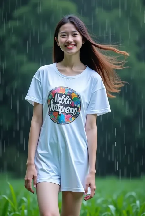 Asian girl in rice field, raining in background, warm tones ,  very heavy rain atmosphere , ผมดำ,  Very Long Hair , Long Hair , My hair flutters in the wind., Long flowing hair,  Extra-long hair 2m ,   Glowing Potchland Skin,  Glazed Tile Skin , smile,Glow...