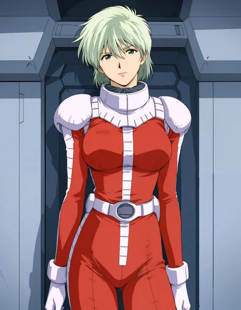 masterpiece, best quality, good quality, 1girl,solo,cowboy shot,standing,looking at viewer,(1990s \(style\):0.2), 
ainasahalim,green hair,green eyes,short hair,lips,lipstick,large breasts,(smile:0.5),closed mouth,pilot suit, red suit,