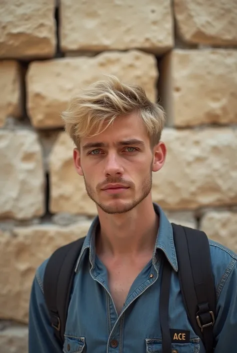 A young Israeli man with blond hair and blue eyes poses at the Western Wall. Don't make him too handsome. He's supposed to look like a real person.