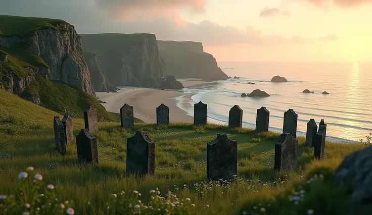 Create a highly detailed, photorealistic landscape scene of a coastal meadow with graves arranged in a circular formation. The graves are old, weathered, and slightly overgrown with moss, placed prominently in the foreground on a lush, green meadow near th...