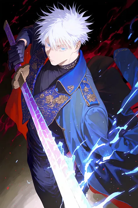 1boy, Gojou Satoru, Jujutsu Kaisen, blue eyes, white eyelashes, white hair, short hair, hair between eyes, rei \(sanbonzakura\), from above, from side, foreshortening, black gloves, Male Fantasy Clothes, coat on shoulders, black coat, black shirt, black pa...