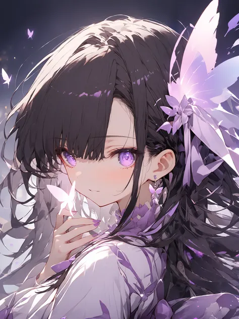 High Resolution, Masterpiece, Best Quality, mysterious girl, dark, long hair, gorgeous, half body portrait, glowing butterfly, glowing hair, dark hair, purple eyes