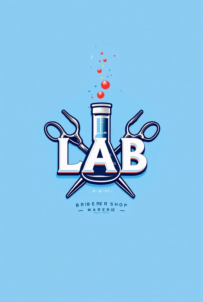 , the barbershop logo is called “LAB” in blue and white, on the emblem, scissors and flask , the inscription “LAB” is clearly visible , a corporate emblem that combines the style of a barbershop and a laboratory,  should look calm, but fresh , in a new way...