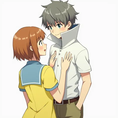 Anime Man wearing a Massive Popped Collar Polo with a collar so high it's taller than his head standing with girlfriend