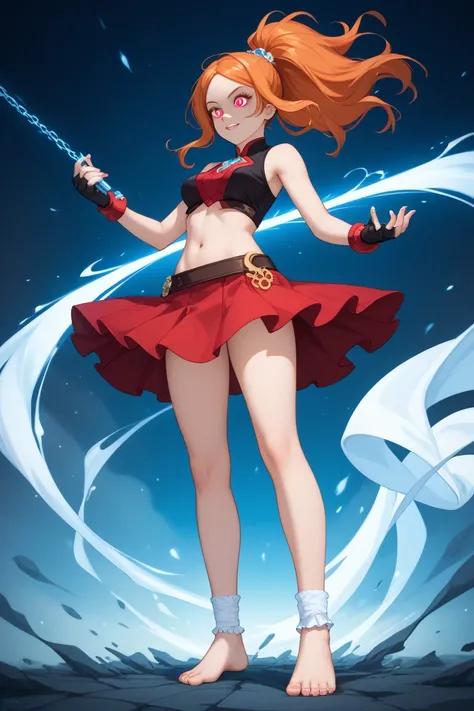 For a Bloodbender-Inspired Outfit for Orihime Inoue, while keeping her navel and bare feet visible, here’s the design:

Top

A dark red, sleeveless wrap top, cropped just below her chest, leaving her navel fully exposed.

The fabric is tattered at the edge...