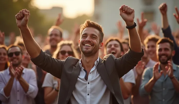 " A man standing in the center of a crowd celebrating a significant victory ,  with a big smile of satisfaction on their face .  You are surrounded by friends and family ,  everyone raising their hands in celebration ,  some embracing and others applauding...