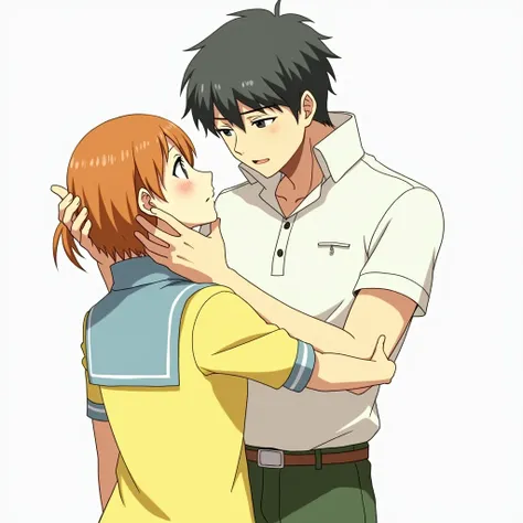 Anime Man wearing a Massive Popped Collar Polo with a collar so high it's taller than his head comforting his girlfriend holding up her face 