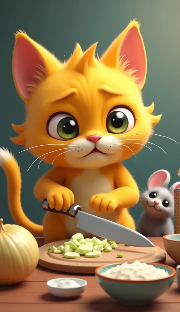 
 The yellow cat is still cooking and is now chopping an onion .  His eyes are slightly watering ,  and he makes a funny crying face .  His tail is raised , swinging.  The ingredients already cut are organized in small bowls next to the cutting board. In t...