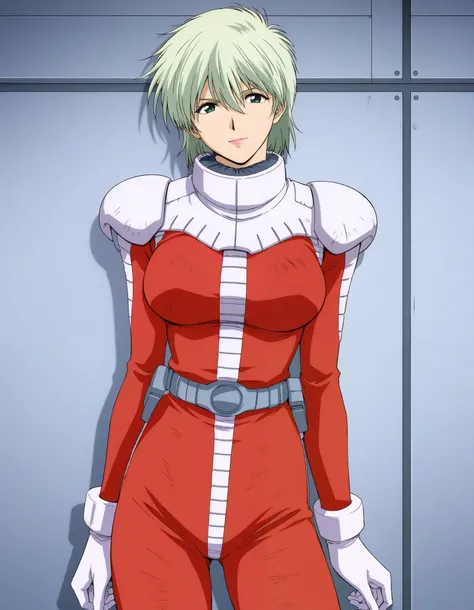 masterpiece, best quality, good quality, 1girl,solo,cowboy shot,standing,looking at viewer,(1990s \(style\):0.2), ainasahalim,green hair,green eyes,short hair,lips,lipstick,large breasts,(smile:0.5),closed mouth,pilot suit, red suit、ヘルメットを手に持ってる

