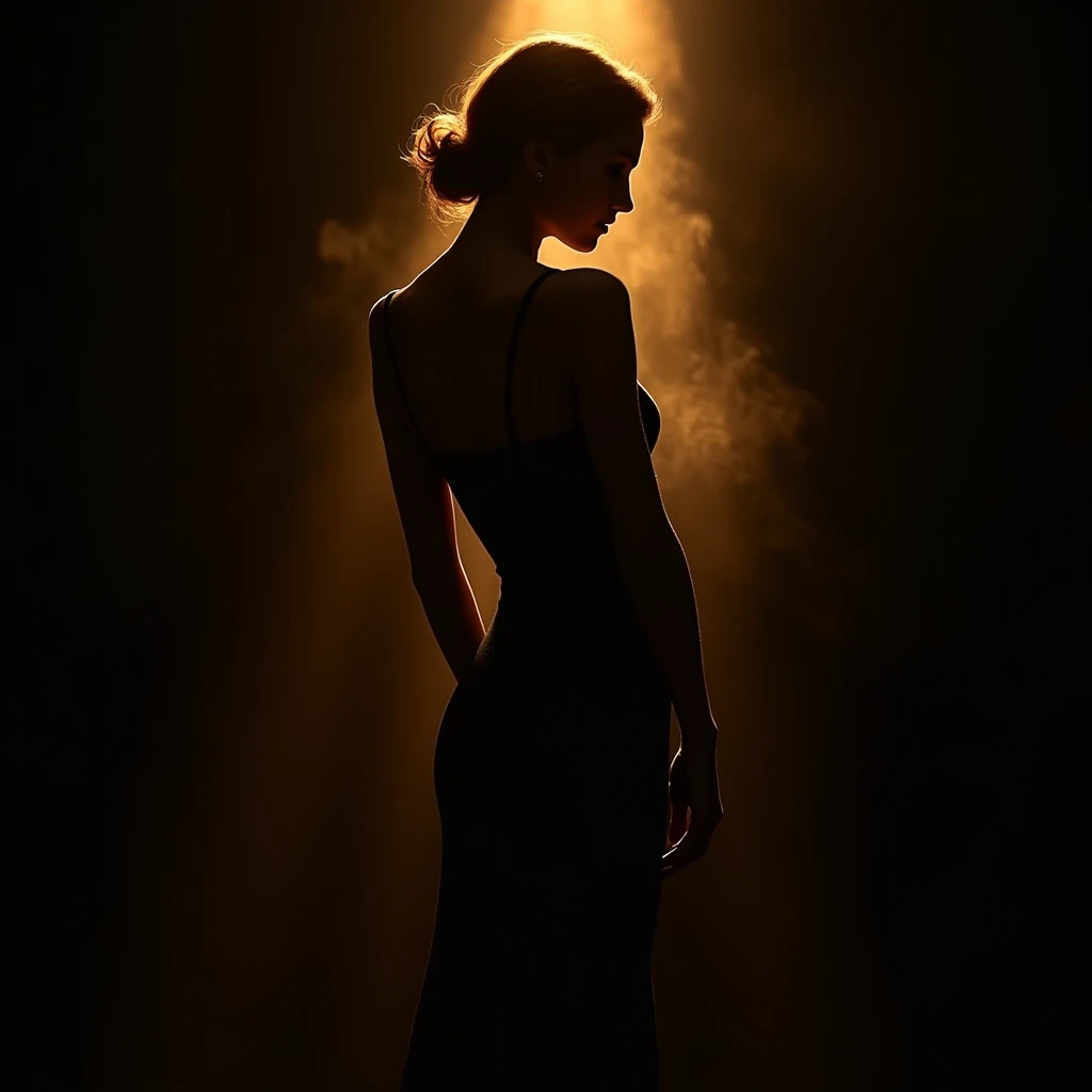  A sensual feminine silhouette emerges from a dark background ,  bathed in an intense golden glow ,  creating a cinematic and elegant contrast .  Her posture is seductive and mysterious ,  with well-defined curves ,  a slightly exposed shoulder and the hea...