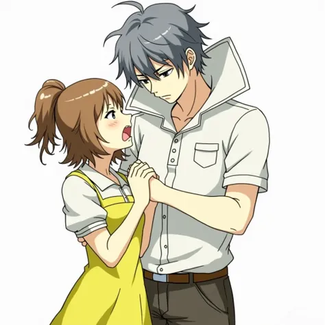 Anime Man wearing a Massive Popped Collar Polo with a collar so high it's taller than his head comforting his girlfriend holding up her face 