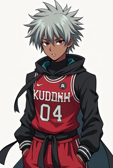  A manga character with dark skin,  the waist has Kurapika  ( hunterxhunter) la coupe a été adulte donc long et attacher(SNK)  with gray dye  , The face has fallen  ( Kuroko no basket)  and a torax scar 