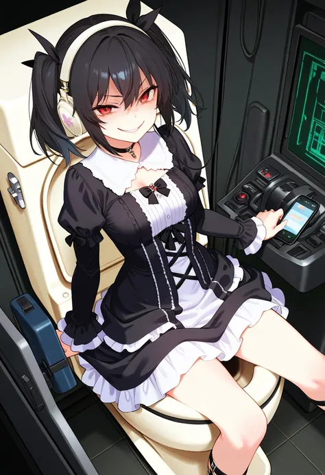 score_9,score_8_up,score_7_up,rating_safety,source_manga,masterpiece,best quality,hyper detailed,super fine illustration,8k,cinematic angle,front angle,BREAK 1girl,little,14yo,(black hair,twintail),(headphone:1.1),(red eyes),(evil smile),(small breast:0.7)...