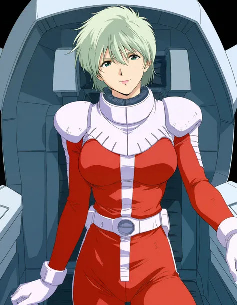 masterpiece, best quality, good quality,  1girl ,Alone,cowboy shot,standing,looking at viewer,(1990s \(style\):0.2), ainasahalim ,green hair,green eyes,short hair,lips,lipstick,large breasts,(smile:0.5),closed mouth,pilot suit, red suit、The background is c...