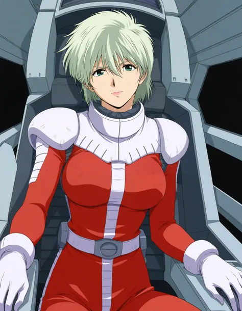 masterpiece, best quality, good quality,  1girl ,Alone,cowboy shot,standing,looking at viewer,(1990s \(style\):0.2), ainasahalim ,green hair,green eyes,short hair,lips,lipstick,large breasts,(smile:0.5),closed mouth,pilot suit, red suit、The background is c...