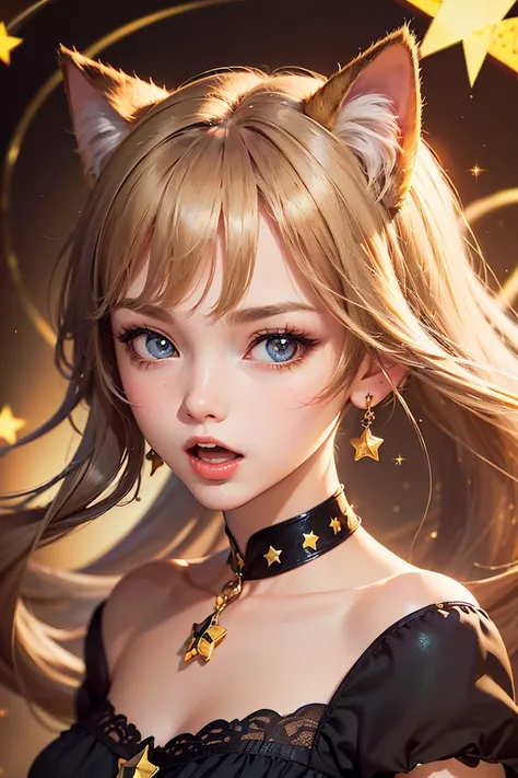 ( masterpiece,   rolled up  ), (( 1 girl, ( adult woman )  long hair), ( star shaped pupils ,  +_+,   symbolic pupils ,  sparkling eyes ), (Cat ears, open mouth)), (Look at the viewer,  slight smile ,  strapless ), ( summary ,  multicolor background,  summ...