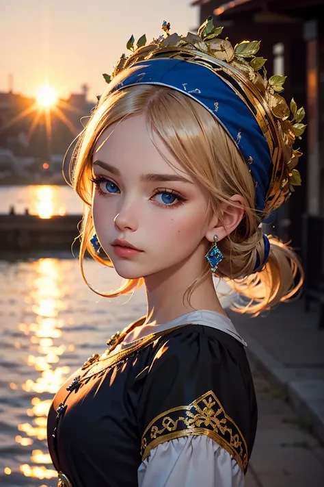 20 year old woman wearing Ukrainian costume corolla wreath wearing wreath on her head blue eyes river and blue sky in the background afternoon light sunset realistic illustration