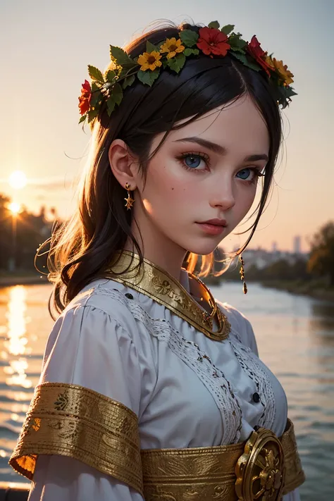 20 year old woman wearing Ukrainian costume corolla wreath wearing wreath on her head blue eyes river and blue sky in the background afternoon light sunset realistic illustration