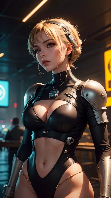 (  masterpiece,  best quality,  ultra detailed ,  photorealistic),  1 girl, Curvy,  but slim body ,  upper body shot ,  There is a woman with large wet breasts in a futuristic outfit posing for a photo, cyborg girl, Linda Mädchen Cyborg ,  Weibliche Anime-...